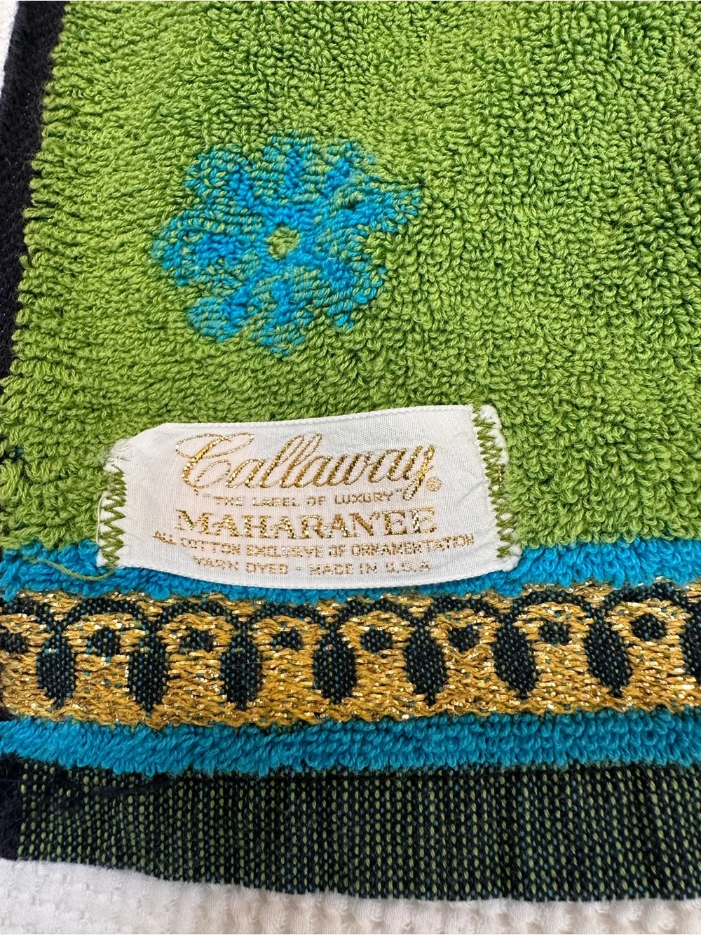 Vintage Callaway 3 pc bath towel hand towel set 60’s 70’s MCM blue green gold